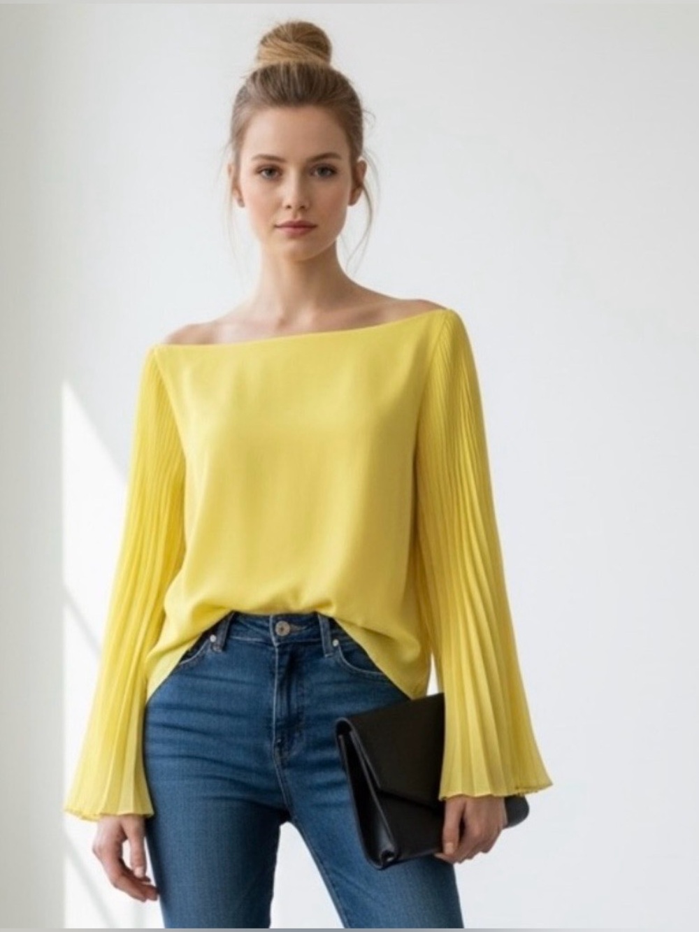 💛 Alice + Olivia Yellow Pleated Bell Sleeve Chiffon Blouse | Boat Neck | Size M